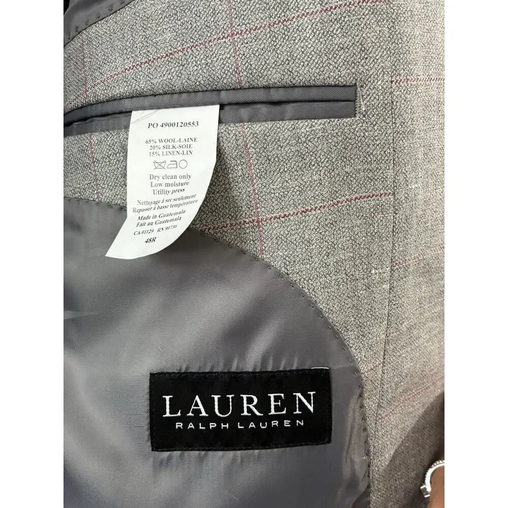Lauren Ralph Lauren Grey Maroon Glen Plaid Silk Linen Wool Blazer Mens 48R